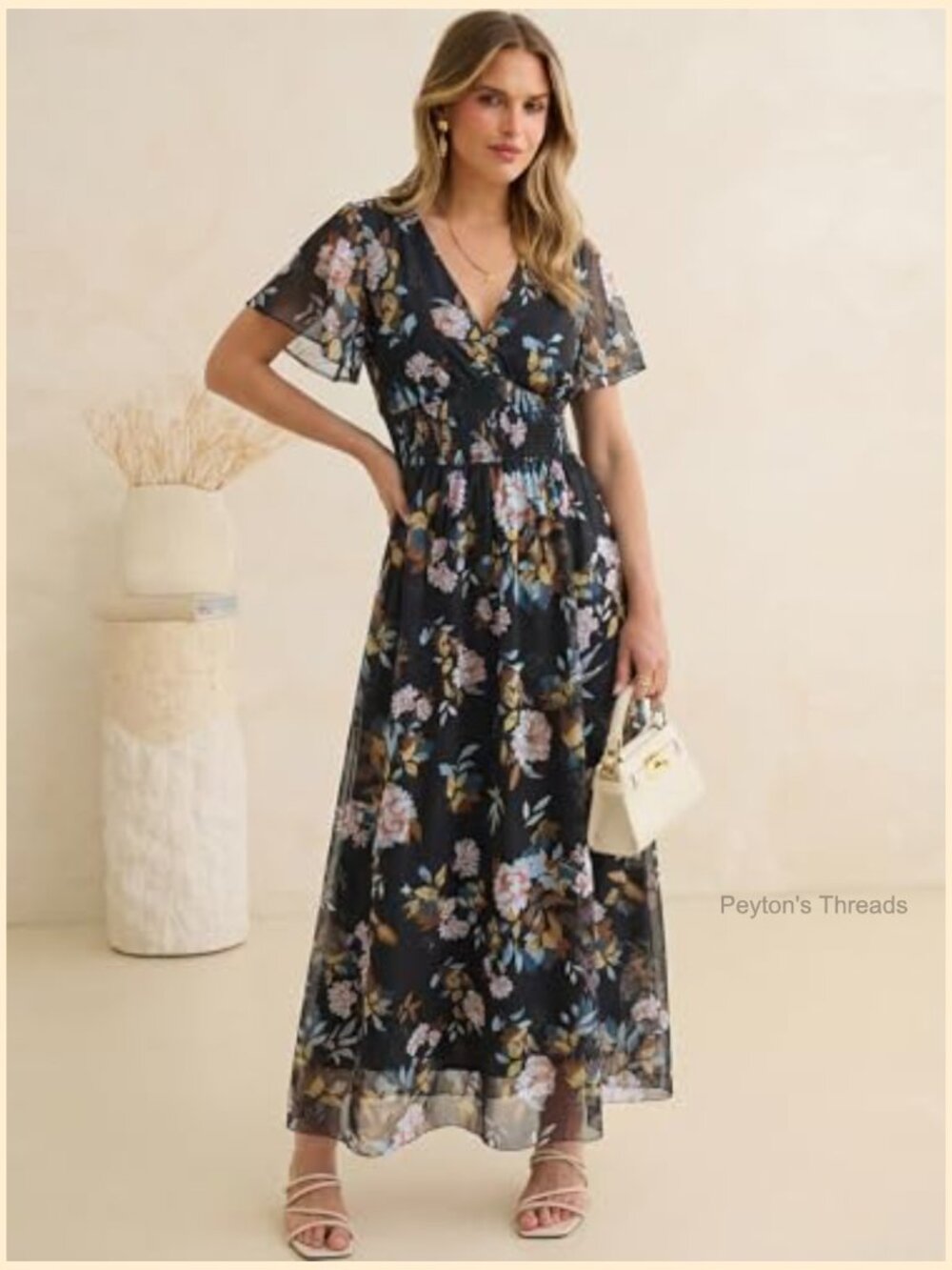 Floral Maxi Dress Short Sleeve Boho Flowy Tulle Beach Wedding Guest Party Dress - Picture 5 of 6